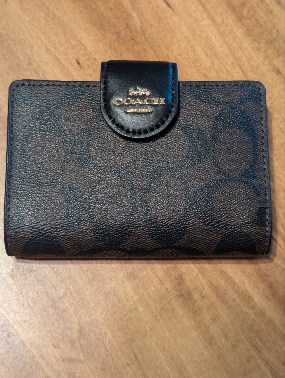 Coach Compact Card Case in Black and Brown Signature Canvas